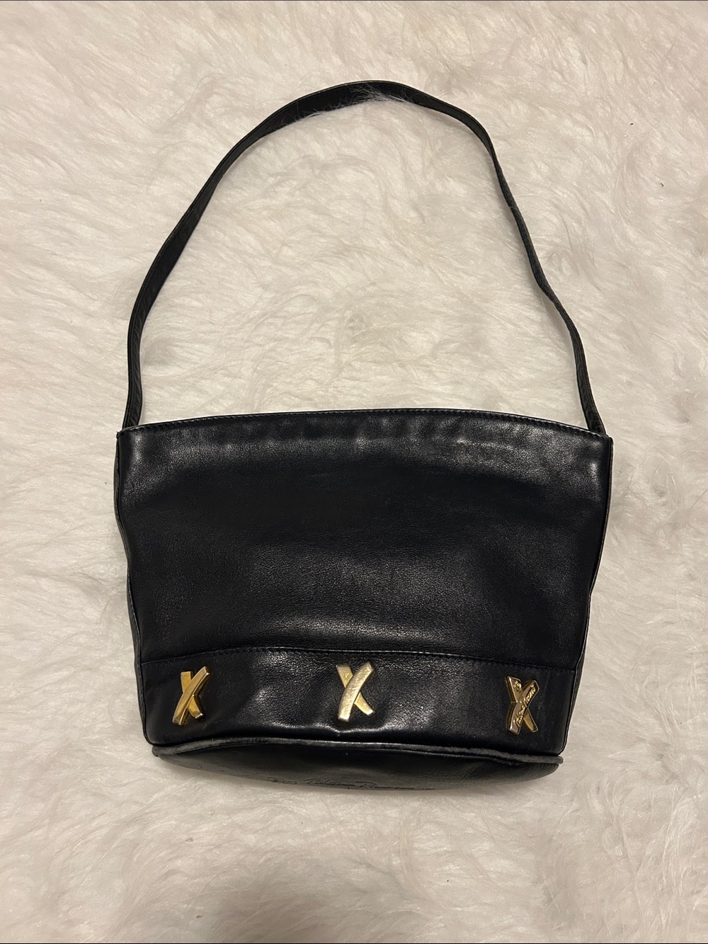 Paloma Picasso Black Leather Shoulder Bag with Gold X Accents